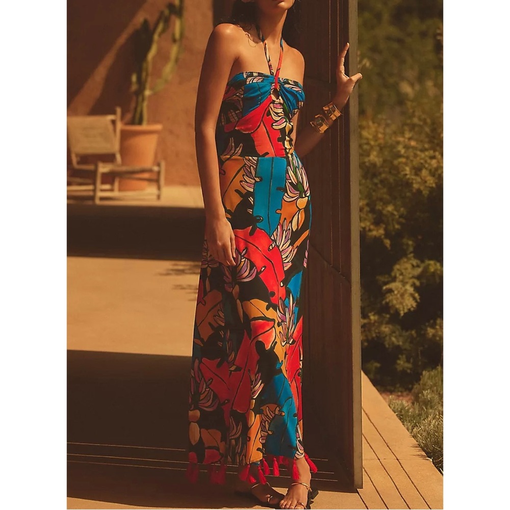Farm Rio Halter Cover-Up Maxi Dress Floral Tassel Resort Maxi Summer Vacation M